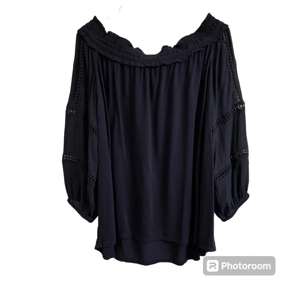 Loft Womens Lg Navy Blue Off The Shoulder Chiffon Blouse Windowpane Puff Sleeve